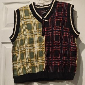 Colorblock Plaid Knit Sweater Vest - Green & Red